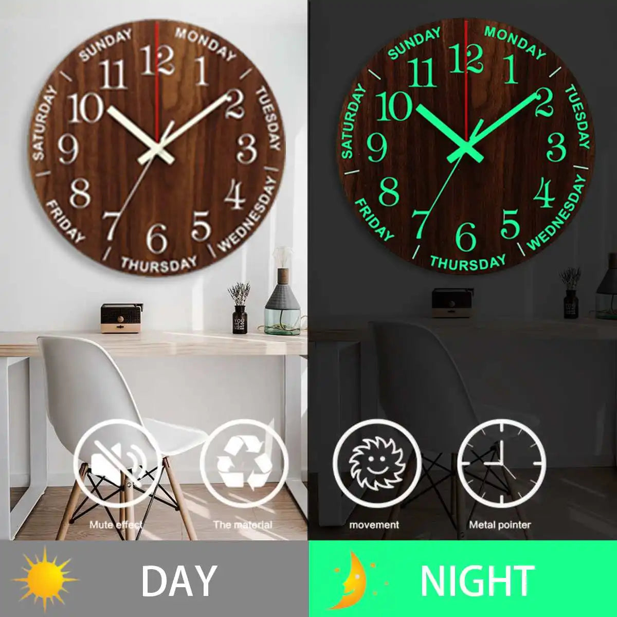 12 Inch Luminous Wall Clock Wood Silent light in dark night Nordic Fashion Wall Clock Non Ticking Clock With Night Light Gift acacuss