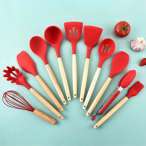 12Pcs/Set Wooden Handle Silicone Kitchen Utensils With Storage Bucket High Temperature Resistant And Non Stick Pot Spatula Spoon acacuss