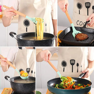 12Pcs/Set Wooden Handle Silicone Kitchen Utensils With Storage Bucket High Temperature Resistant And Non Stick Pot Spatula Spoon acacuss