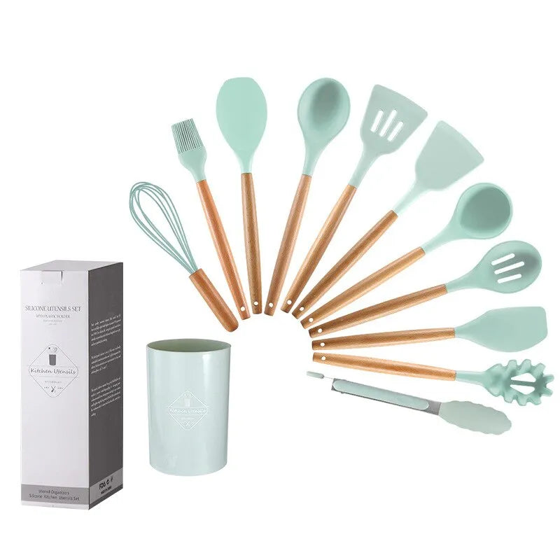 12Pcs/Set Wooden Handle Silicone Kitchen Utensils With Storage Bucket High Temperature Resistant And Non Stick Pot Spatula Spoon acacuss