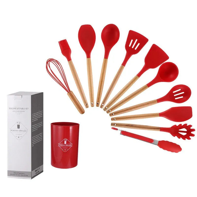 12Pcs/Set Wooden Handle Silicone Kitchen Utensils With Storage Bucket High Temperature Resistant And Non Stick Pot Spatula Spoon acacuss