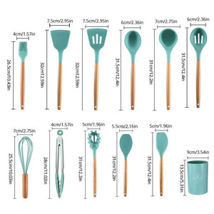 12Pcs/Set Wooden Handle Silicone Kitchen Utensils With Storage Bucket High Temperature Resistant And Non Stick Pot Spatula Spoon acacuss
