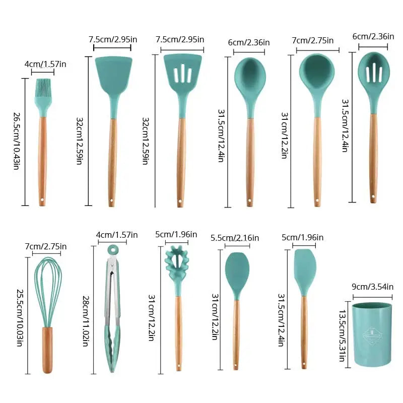 12Pcs/Set Wooden Handle Silicone Kitchen Utensils With Storage Bucket High Temperature Resistant And Non Stick Pot Spatula Spoon acacuss