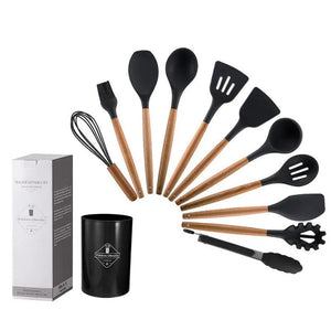 12Pcs/Set Wooden Handle Silicone Kitchen Utensils With Storage Bucket High Temperature Resistant And Non Stick Pot Spatula Spoon acacuss