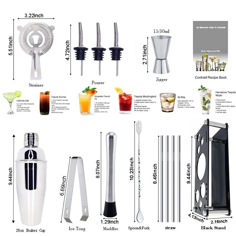 13-22Pcs 750ml 600ml Boston Cocktail Shaker Bar Tools Wine Mixer Set Bartender Cocktail Shaker Tool Kit with Holder acacuss