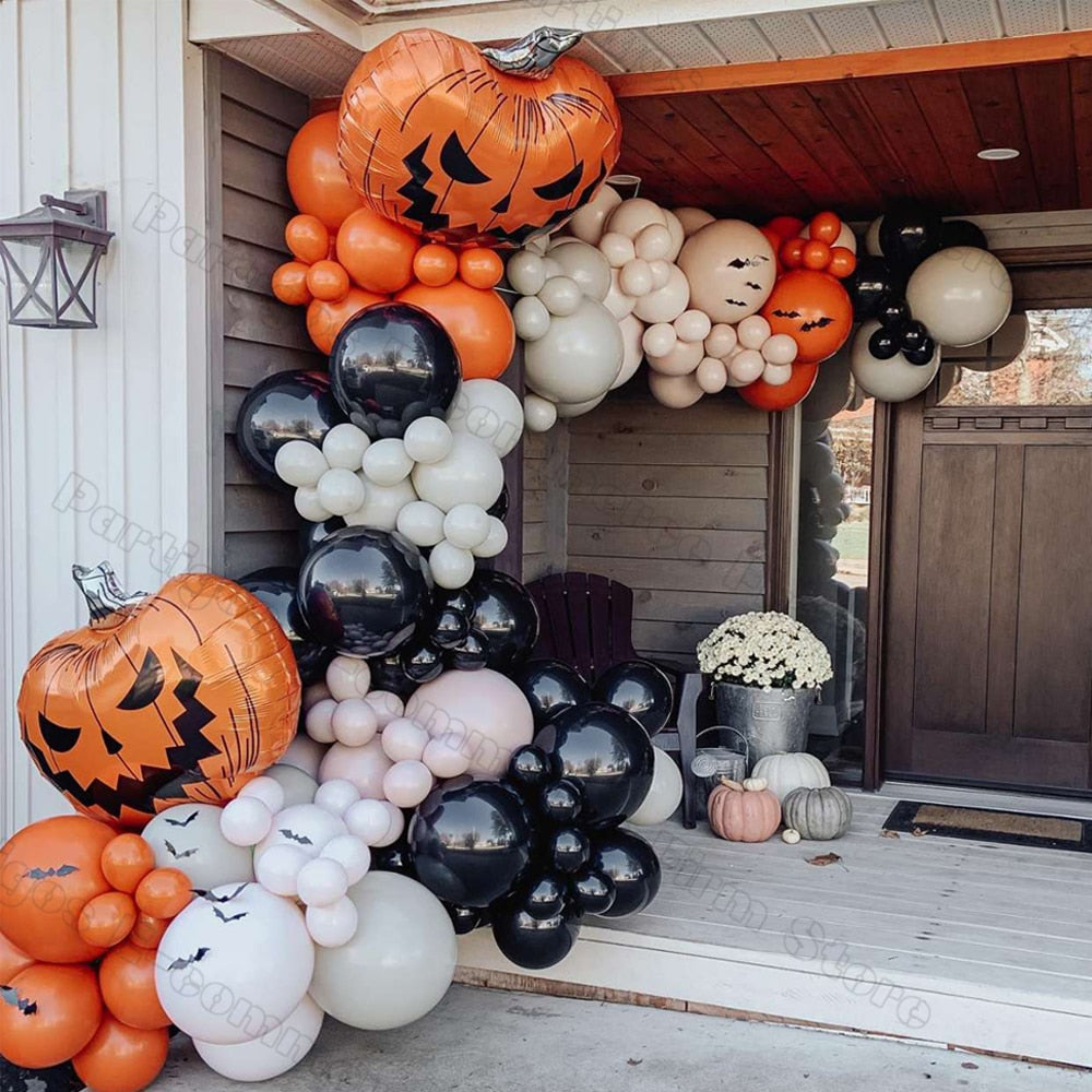 148pcs Halloween Large Pumpkin Balloon Garland Black Orange Sand White Balloons 3D Bat Stickers for Halloween Party Decorations acacuss