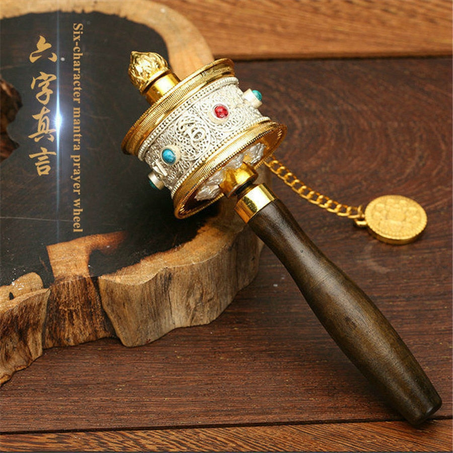 18CM Buddhism Tibetan Classic Portable Fine Copper Prayer Wheel Mini Amitabha Buddha Bless Wheel Brass Hand-hold Wheel acacuss