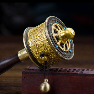 18CM Buddhism Tibetan Classic Portable Fine Copper Prayer Wheel Mini Amitabha Buddha Bless Wheel Brass Hand-hold Wheel acacuss