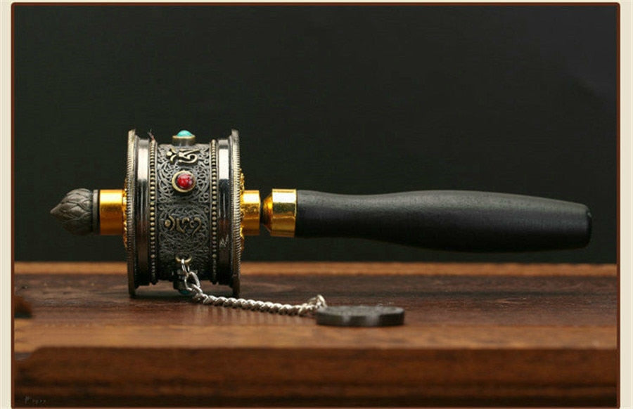 18CM Buddhism Tibetan Classic Portable Fine Copper Prayer Wheel Mini Amitabha Buddha Bless Wheel Brass Hand-hold Wheel acacuss