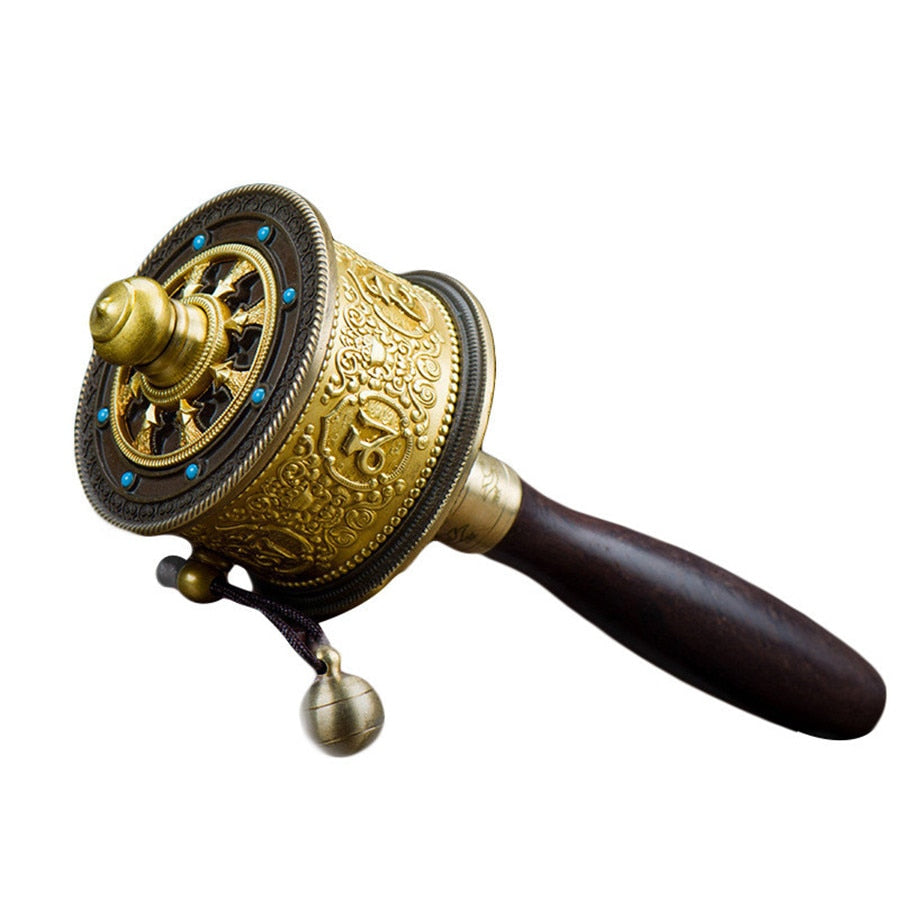 18CM Buddhism Tibetan Classic Portable Fine Copper Prayer Wheel Mini Amitabha Buddha Bless Wheel Brass Hand-hold Wheel acacuss