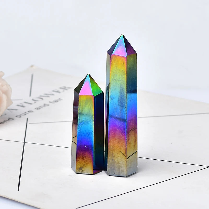 1PC Natural Aura Obsidian Crystal Point Electroplating Wand Healing Stone Energy White Quartz Home Decoration Reiki Tower Gifts acacuss