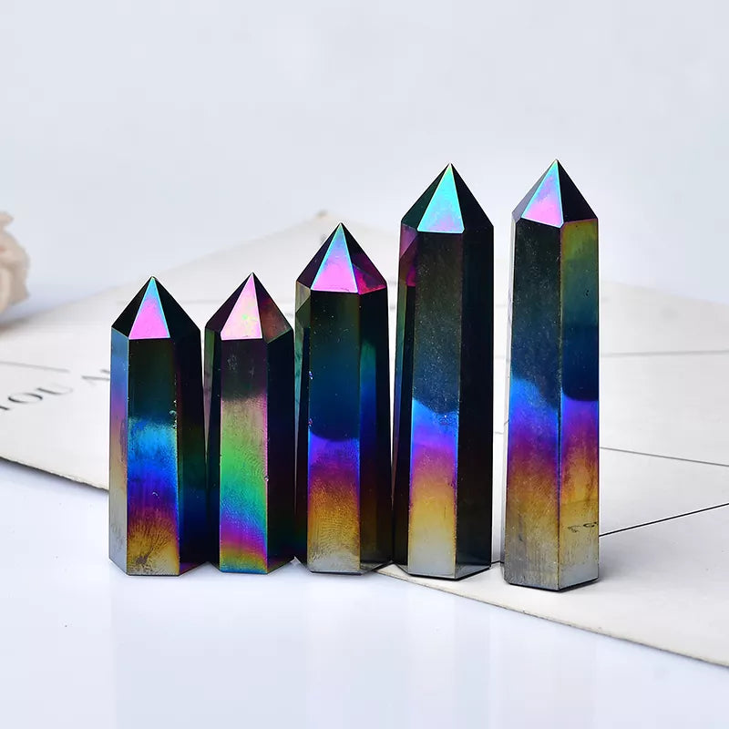1PC Natural Aura Obsidian Crystal Point Electroplating Wand Healing Stone Energy White Quartz Home Decoration Reiki Tower Gifts acacuss