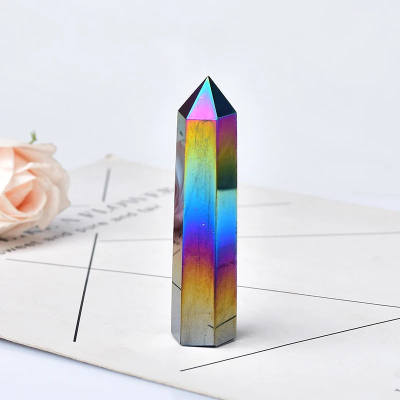 1PC Natural Aura Obsidian Crystal Point Electroplating Wand Healing Stone Energy White Quartz Home Decoration Reiki Tower Gifts acacuss