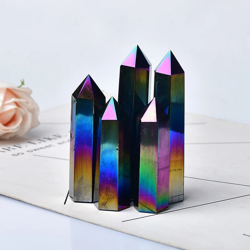 1PC Natural Aura Obsidian Crystal Point Electroplating Wand Healing Stone Energy White Quartz Home Decoration Reiki Tower Gifts acacuss