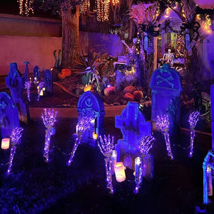 1Pair LED Light Up Skeleton Arm Hand Halloween Party Outdoor Home Garden Yard Lawn Glowing Skull Decoration Haunted Horror Props acacuss