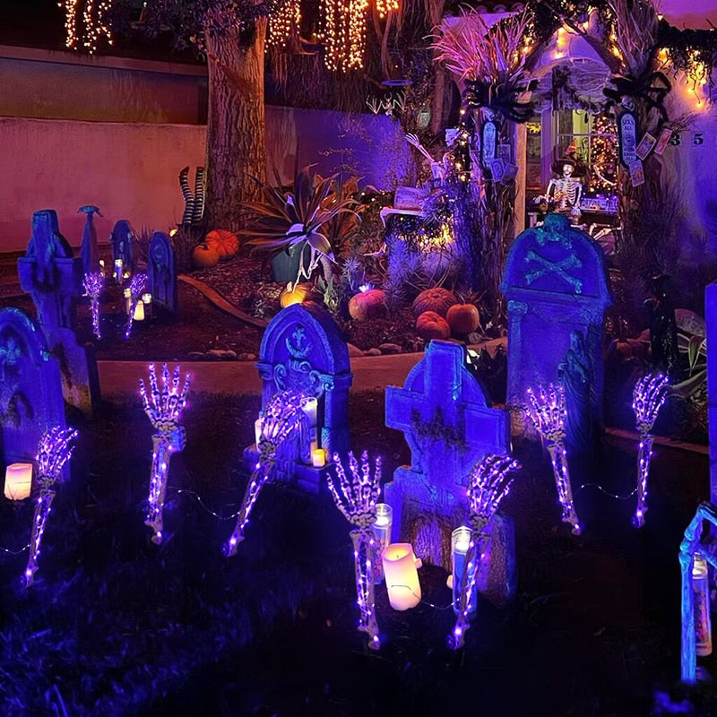 1Pair LED Light Up Skeleton Arm Hand Halloween Party Outdoor Home Garden Yard Lawn Glowing Skull Decoration Haunted Horror Props acacuss