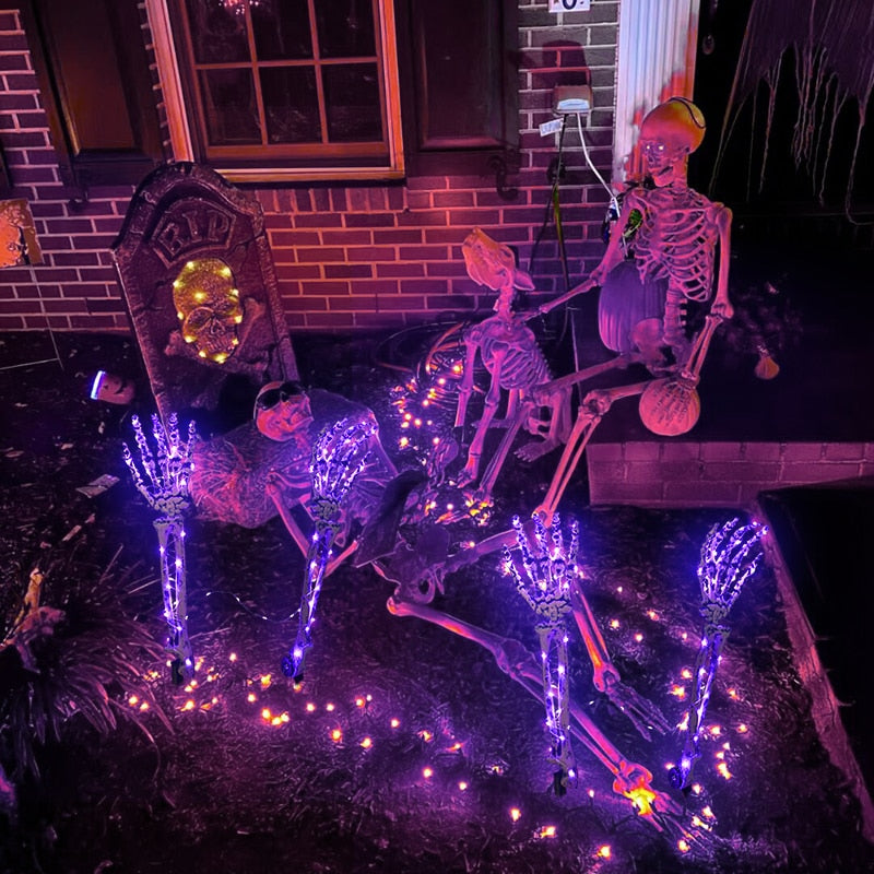 1Pair LED Light Up Skeleton Arm Hand Halloween Party Outdoor Home Garden Yard Lawn Glowing Skull Decoration Haunted Horror Props acacuss