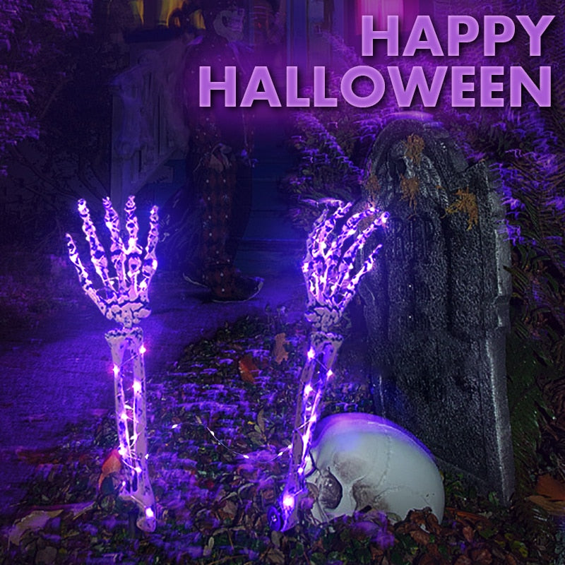 1Pair LED Light Up Skeleton Arm Hand Halloween Party Outdoor Home Garden Yard Lawn Glowing Skull Decoration Haunted Horror Props acacuss