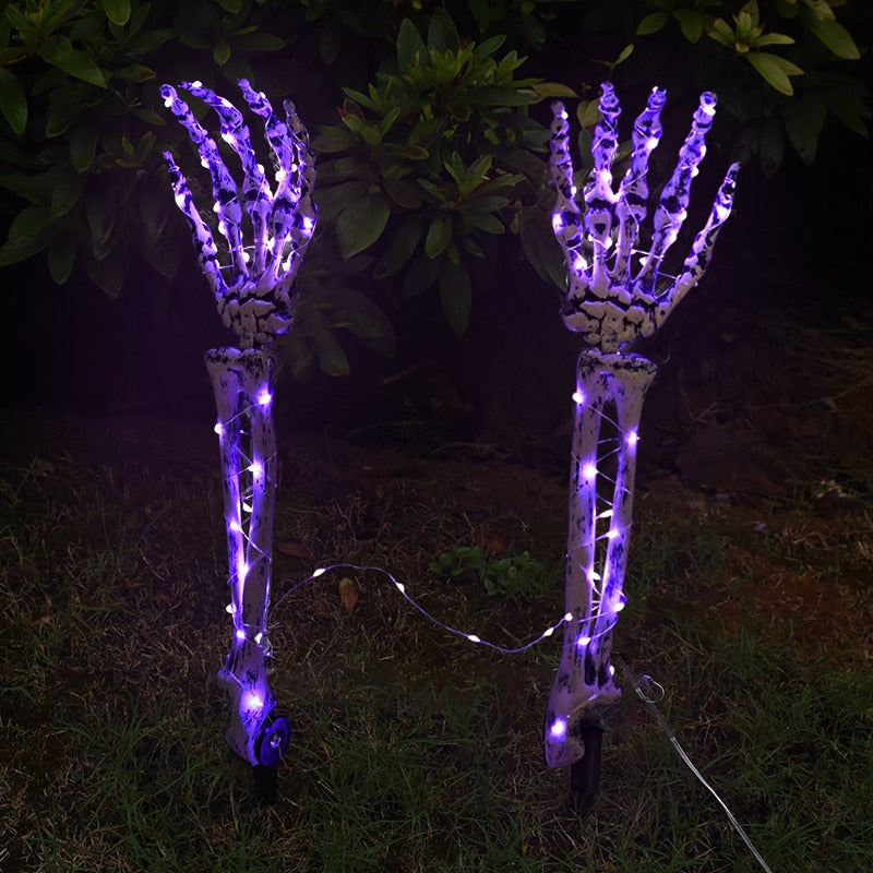1Pair LED Light Up Skeleton Arm Hand Halloween Party Outdoor Home Garden Yard Lawn Glowing Skull Decoration Haunted Horror Props acacuss