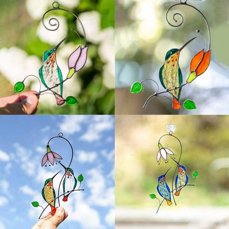 1Pc Metal Stained Glass Handicraft Garden Window Balcony Hummingbird Yard Home Wall Hanging Bird Ornament Door Decor Supplies acacuss