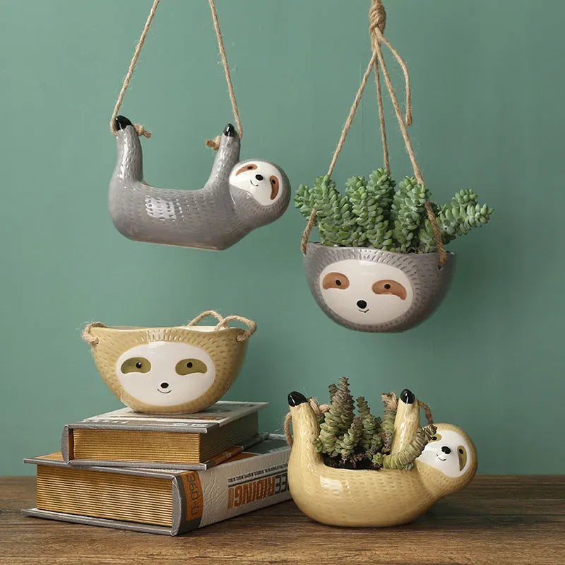 1Pcs Ceramic Hanging Plant Pots Scindapsus Chlorophytum Hanging Flower Basket Flower Pot Cartoons Animal Vase Garden Decoration Gray