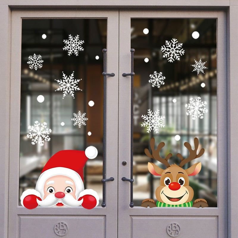 1Set Santa Claus Snowman Elk Window Stickers Snowflake Electrostatic Wall Sticker 2023 Christmas Decoration For Home New Year acacuss