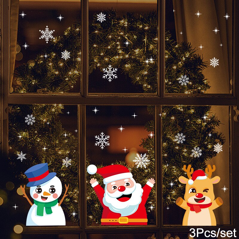 1Set Santa Claus Snowman Elk Window Stickers Snowflake Electrostatic Wall Sticker 2023 Christmas Decoration For Home New Year acacuss