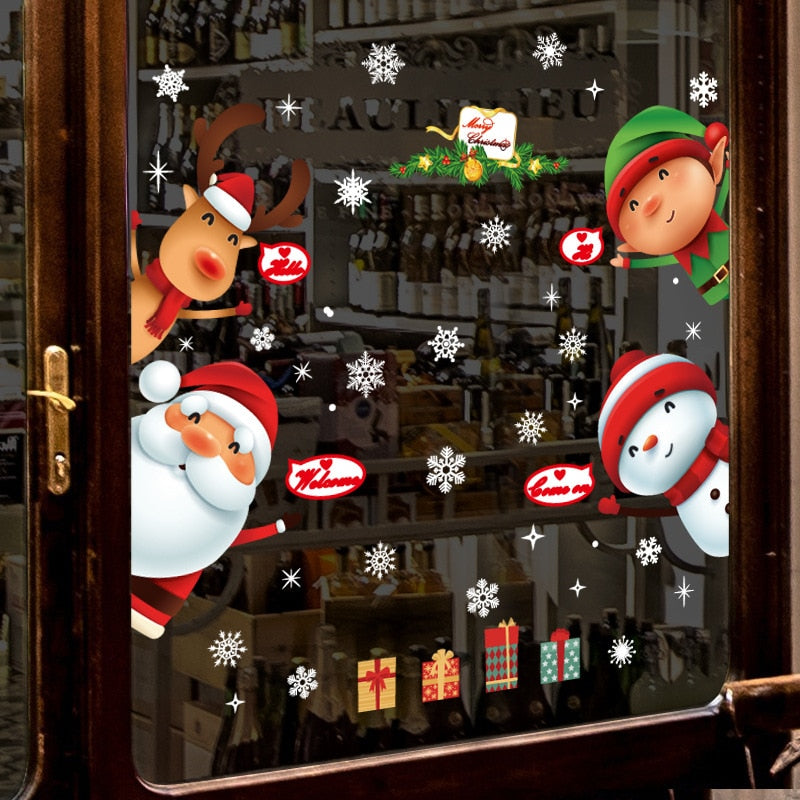 1Set Santa Claus Snowman Elk Window Stickers Snowflake Electrostatic Wall Sticker 2023 Christmas Decoration For Home New Year acacuss