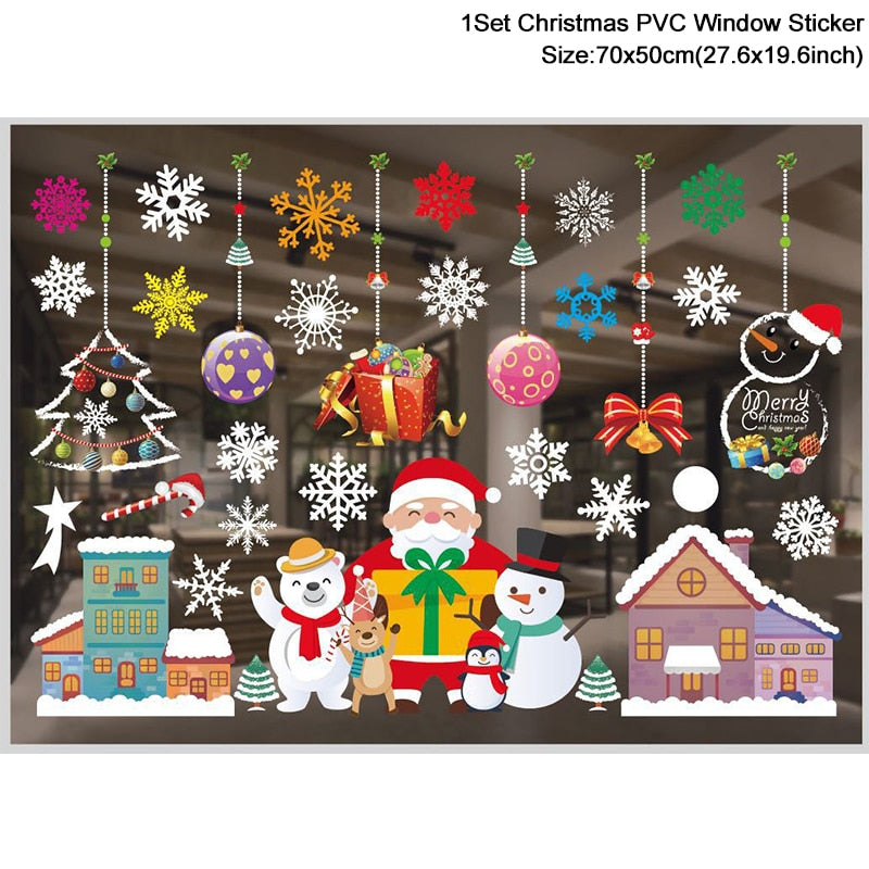 1Set Santa Claus Snowman Elk Window Stickers Snowflake Electrostatic Wall Sticker 2023 Christmas Decoration For Home New Year acacuss