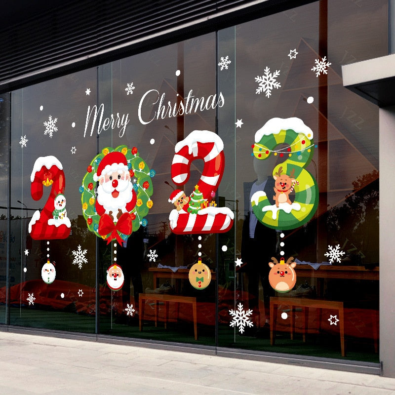 1Set Santa Claus Snowman Elk Window Stickers Snowflake Electrostatic Wall Sticker 2023 Christmas Decoration For Home New Year acacuss