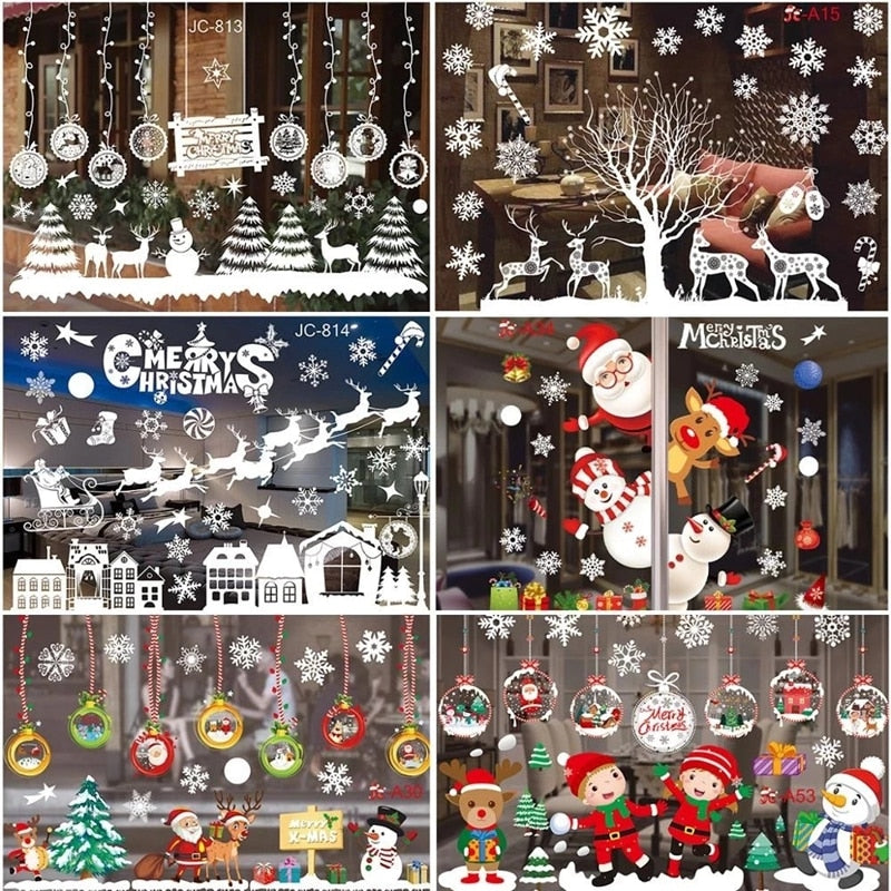 1Set Santa Claus Snowman Elk Window Stickers Snowflake Electrostatic Wall Sticker 2023 Christmas Decoration For Home New Year acacuss