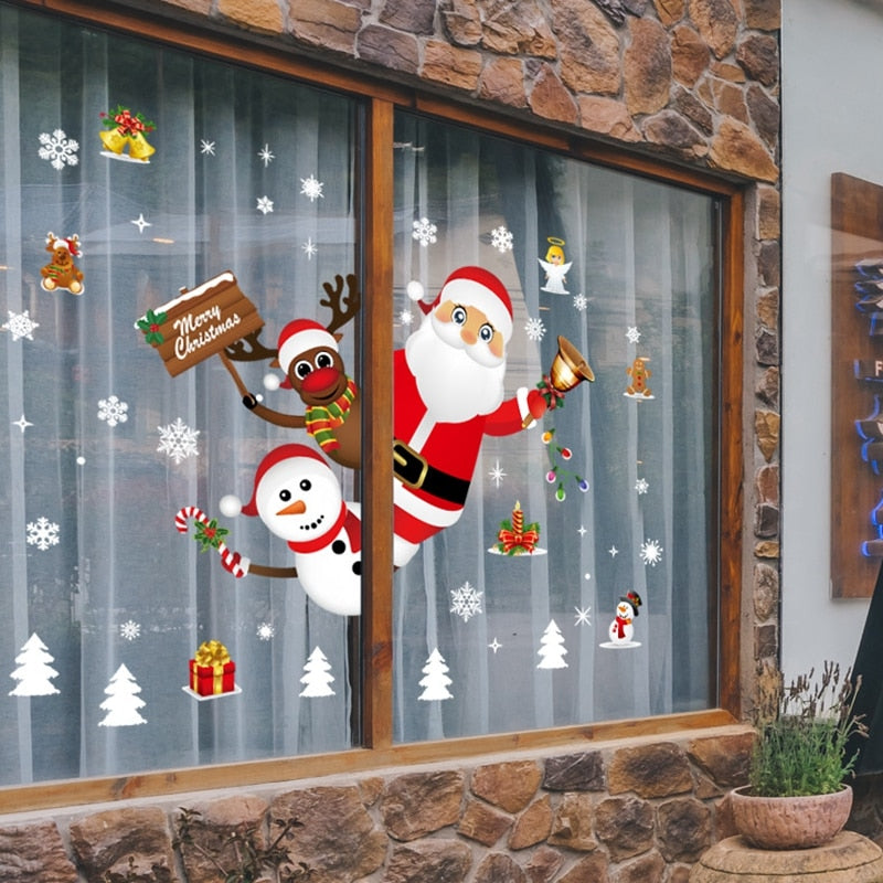 1Set Santa Claus Snowman Elk Window Stickers Snowflake Electrostatic Wall Sticker 2023 Christmas Decoration For Home New Year acacuss