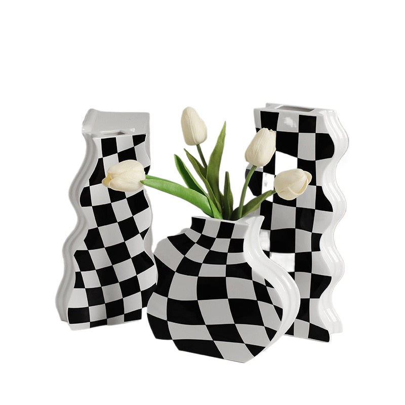 Black and White Ceramic Vase Decoration Checkerboard High Sense Dried Flower Vase Living Room Flower Arrangement Home Decoration acacuss