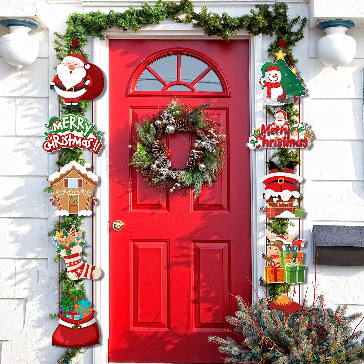 1pair Merry Christmas Door Hanging Banner Santa Claus Snowman Couplet Navidad 2023 Christmas Party Home Decoration 2024 Noel acacuss