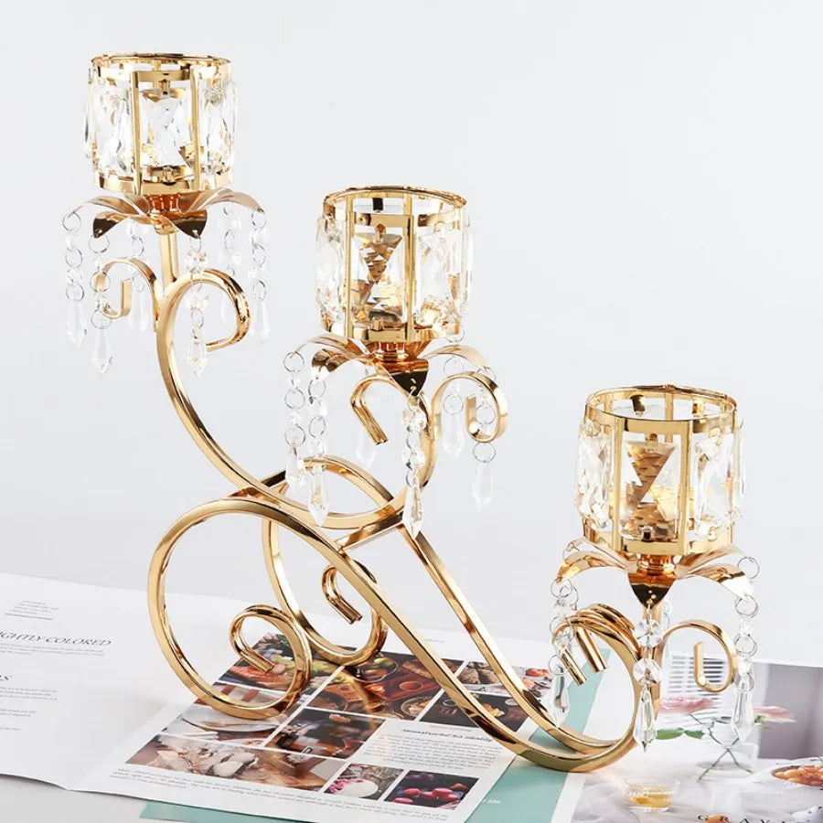 1pc 3 Arms Golden Candelabra Candle Holder Crystal Votive Candle Holder Pillar Candle Holders, Vintage Curtain Candlestick acacuss