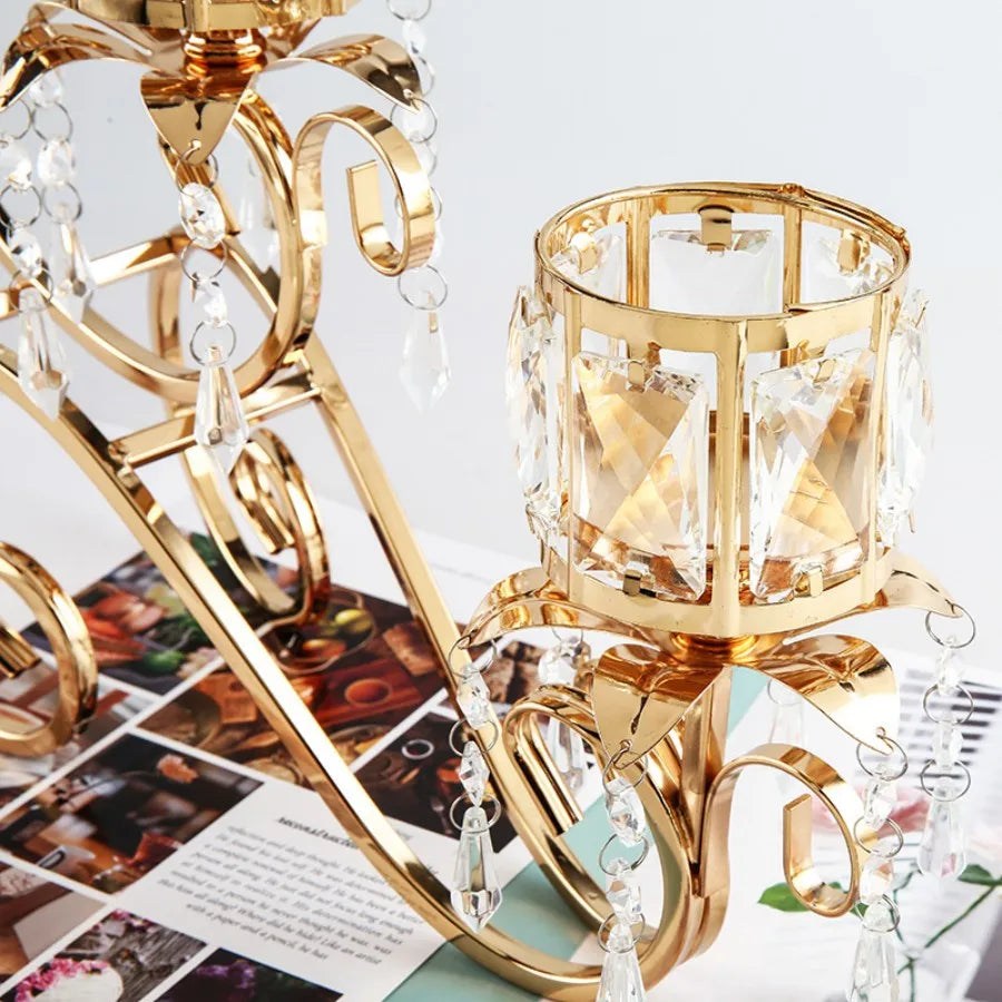 1pc 3 Arms Golden Candelabra Candle Holder Crystal Votive Candle Holder Pillar Candle Holders, Vintage Curtain Candlestick acacuss