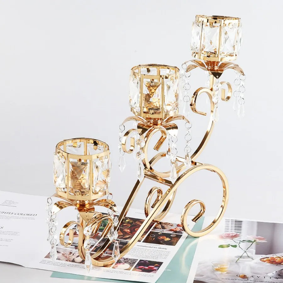 1pc 3 Arms Golden Candelabra Candle Holder Crystal Votive Candle Holder Pillar Candle Holders, Vintage Curtain Candlestick acacuss