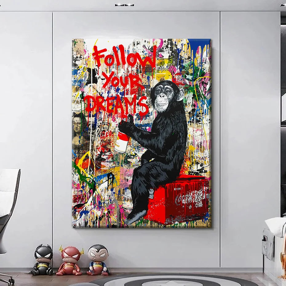 1pc Banksy Art Follow Your Dreams Monkey Posters Graffiti Street Wall Canvas Painting And Prints Animals Pictures acacuss