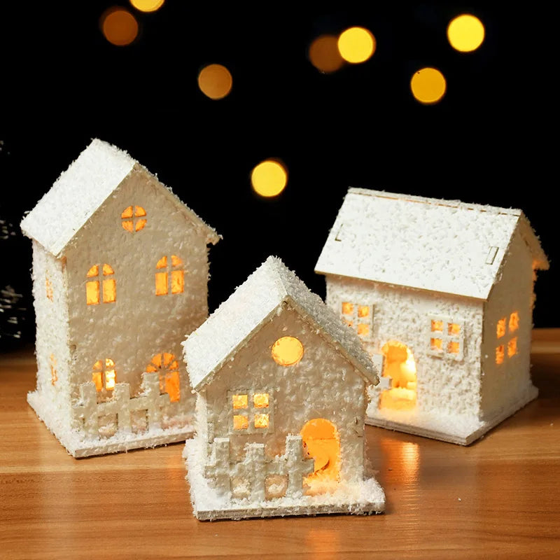 1pc Christmas Ornaments LED Lights Wooden House Luminous Cabin With Snow Christmas Decorations For Home New Year 2023 Xmas Gifts acacuss