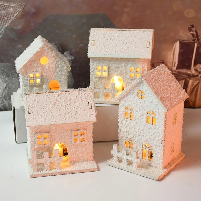 1pc Christmas Ornaments LED Lights Wooden House Luminous Cabin With Snow Christmas Decorations For Home New Year 2023 Xmas Gifts acacuss