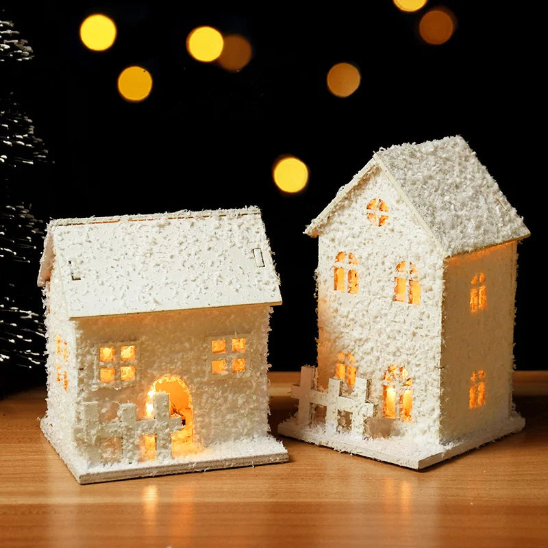 1pc Christmas Ornaments LED Lights Wooden House Luminous Cabin With Snow Christmas Decorations For Home New Year 2023 Xmas Gifts acacuss
