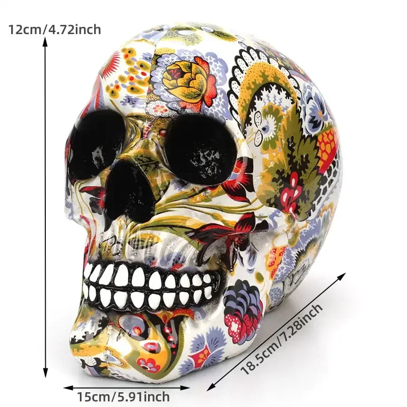 1pc, Horror Skull Decoration Resin Color Flower Painting Halloween Skull Home Bar Table Desktop Decoration Craft Gift acacuss