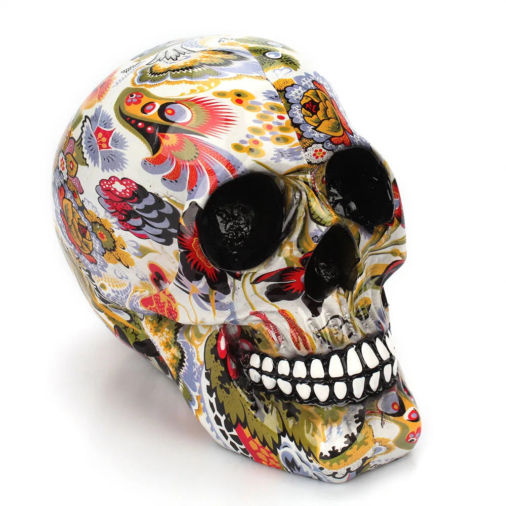 1pc, Horror Skull Decoration Resin Color Flower Painting Halloween Skull Home Bar Table Desktop Decoration Craft Gift acacuss