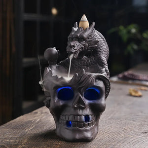 1pc LED Waterfall Dragon Incense Burner Skull Backflow Incense Burner Halloween Home Decor Home Aromatherapy (Without Incense) acacuss