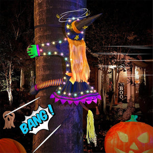 2 Modes Halloween Crashing Witch into Tree Decoration Halloween Light Up Hanging Decorations with Glowing Luminous Warning Sign acacuss