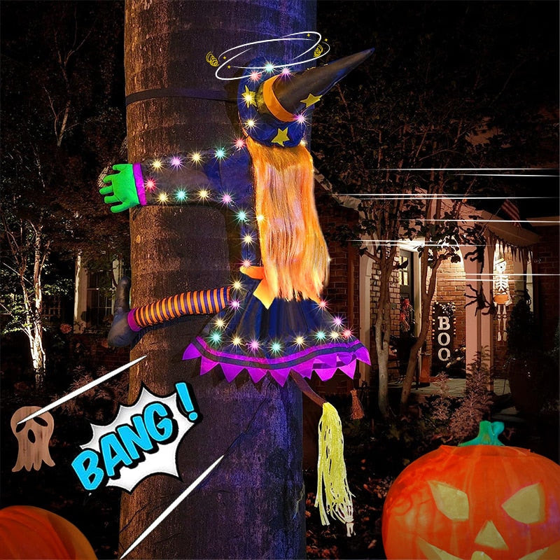 2 Modes Halloween Crashing Witch into Tree Decoration Halloween Light Up Hanging Decorations with Glowing Luminous Warning Sign acacuss