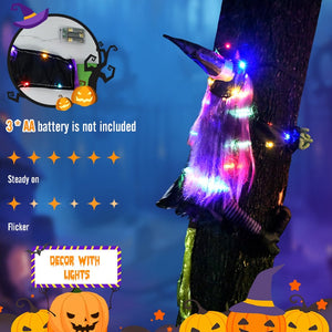 2 Modes Halloween Crashing Witch into Tree Decoration Halloween Light Up Hanging Decorations with Glowing Luminous Warning Sign acacuss