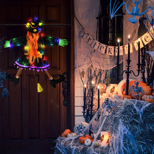 2 Modes Halloween Crashing Witch into Tree Decoration Halloween Light Up Hanging Decorations with Glowing Luminous Warning Sign acacuss