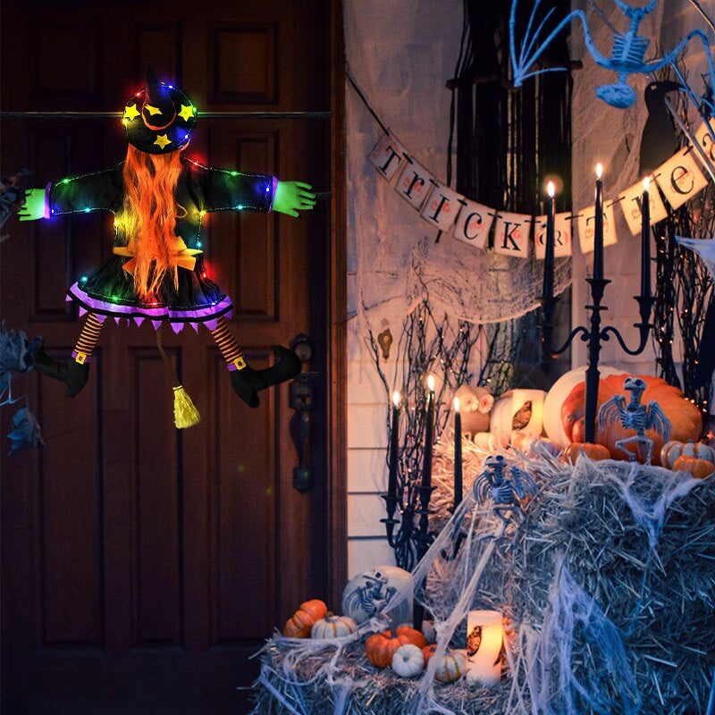 2 Modes Halloween Crashing Witch into Tree Decoration Halloween Light Up Hanging Decorations with Glowing Luminous Warning Sign acacuss