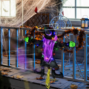 2 Modes Halloween Crashing Witch into Tree Decoration Halloween Light Up Hanging Decorations with Glowing Luminous Warning Sign acacuss